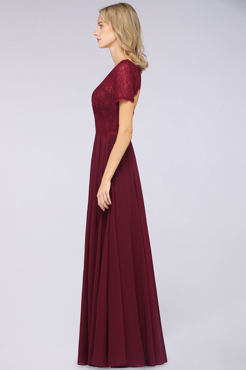 A-Line Chiffon Lace Round-Neck Long Bridesmaid Dress with Sleeves A-Line Chiffon Lace Round-Neck Long Bridesmaid Dress with Sleeves