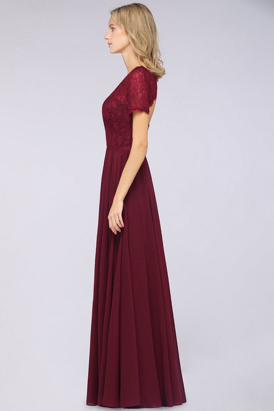 A-Line Chiffon Lace Round-Neck Long Bridesmaid Dress with Sleeves-BIZTUNNEL