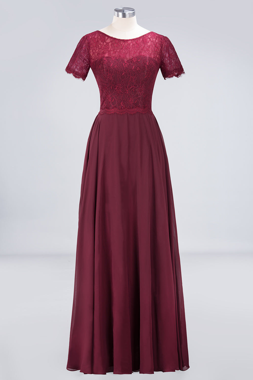 A-Line Chiffon Lace Round-Neck Long Bridesmaid Dress with Sleeves-BIZTUNNEL