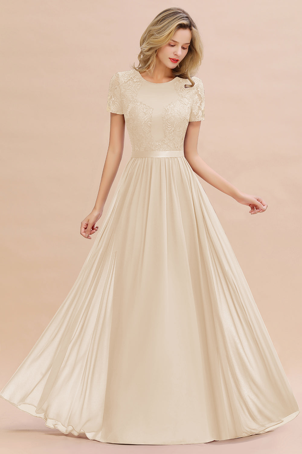 A-line Chiffon Lace Scoop Long Bridesmaid Dress with Sleeves – BIZTUNNEL