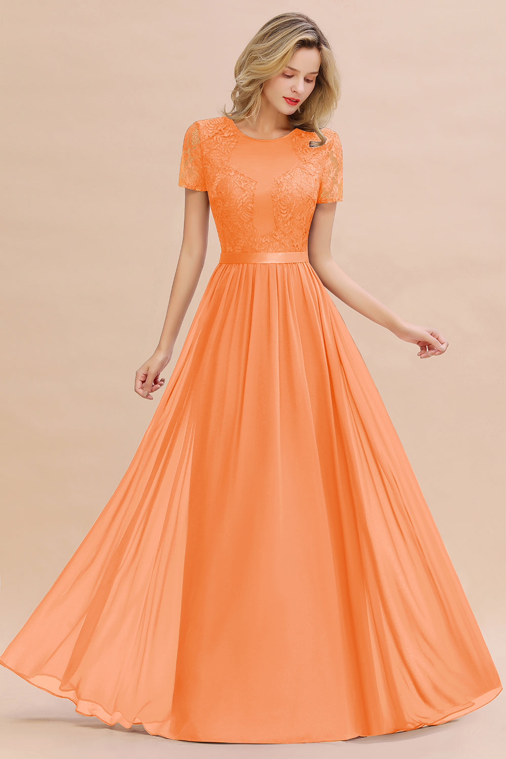 A-line Chiffon Lace Scoop Long Bridesmaid Dress with Sleeves BIZTUNNEL A-line Chiffon Lace Scoop Long Bridesmaid Dress with Sleeves BIZTUNNEL