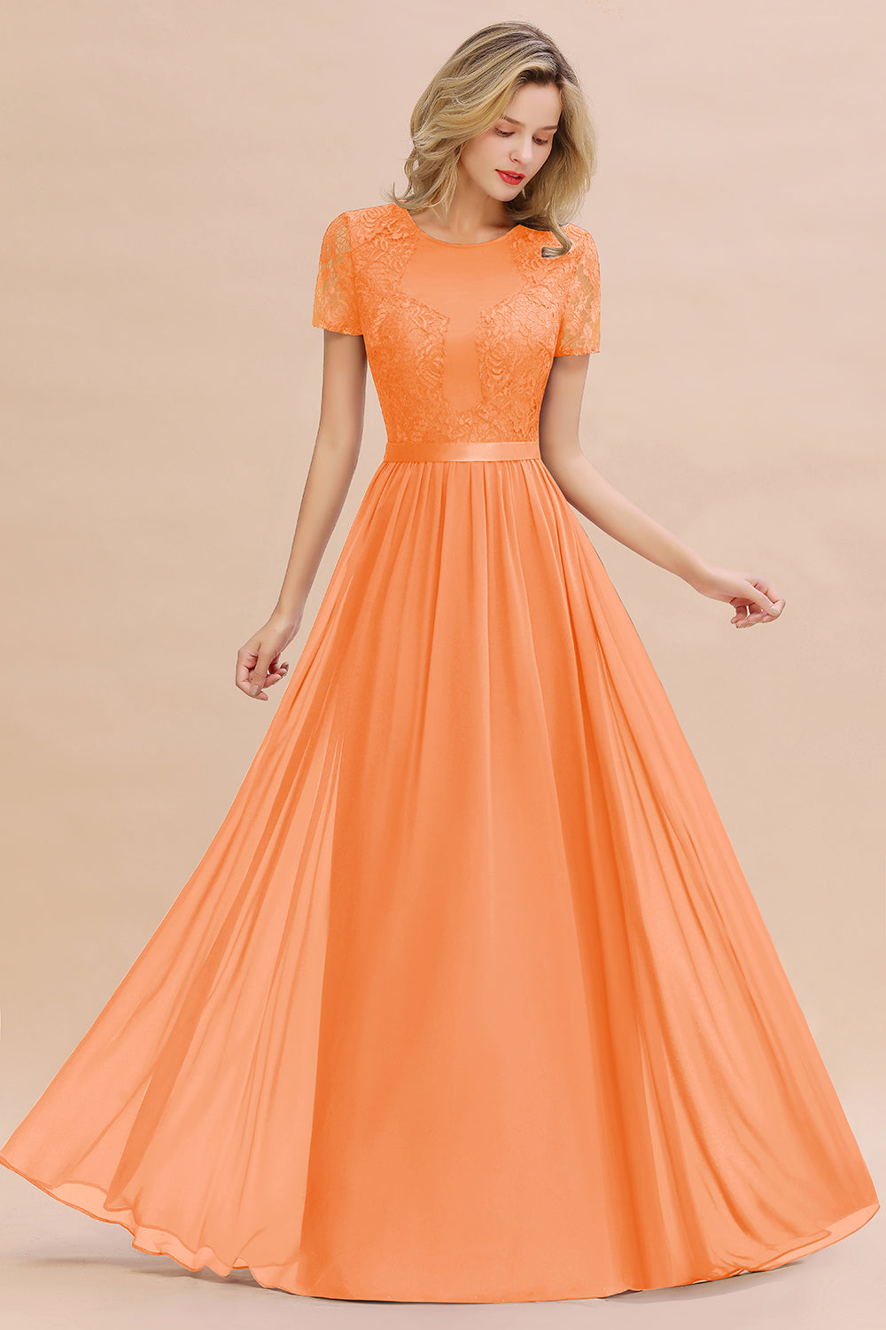 A-line Chiffon Lace Scoop Long Bridesmaid Dress with Sleeves-BIZTUNNEL