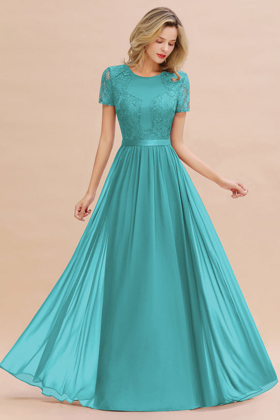 A-line Chiffon Lace Scoop Long Bridesmaid Dress with Sleeves-BIZTUNNEL