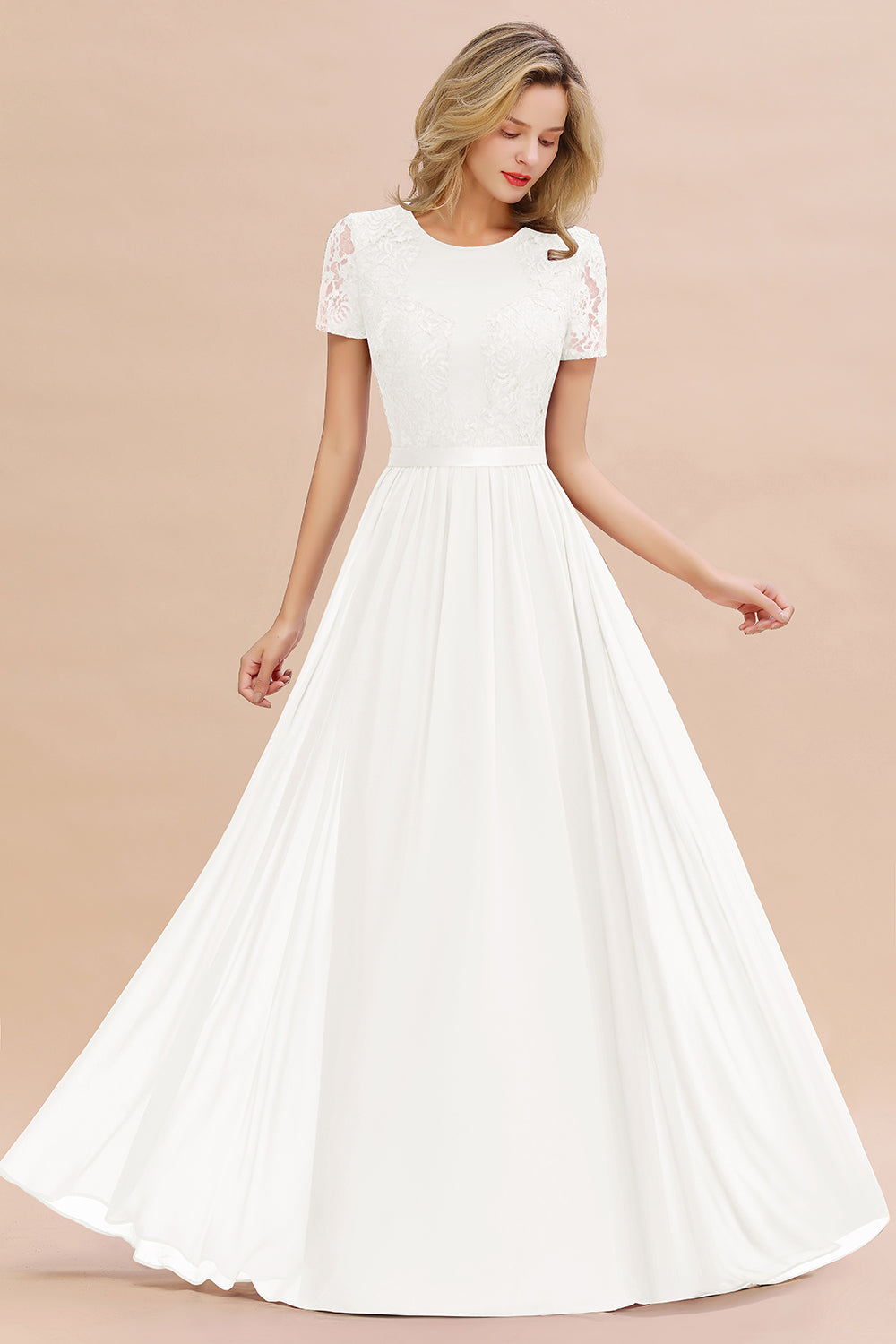 A-line Chiffon Lace Scoop Long Bridesmaid Dress with Sleeves – BIZTUNNEL