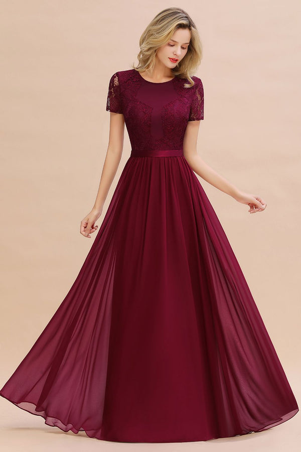 A-line Chiffon Lace Scoop Long Bridesmaid Dress with Sleeves-BIZTUNNEL