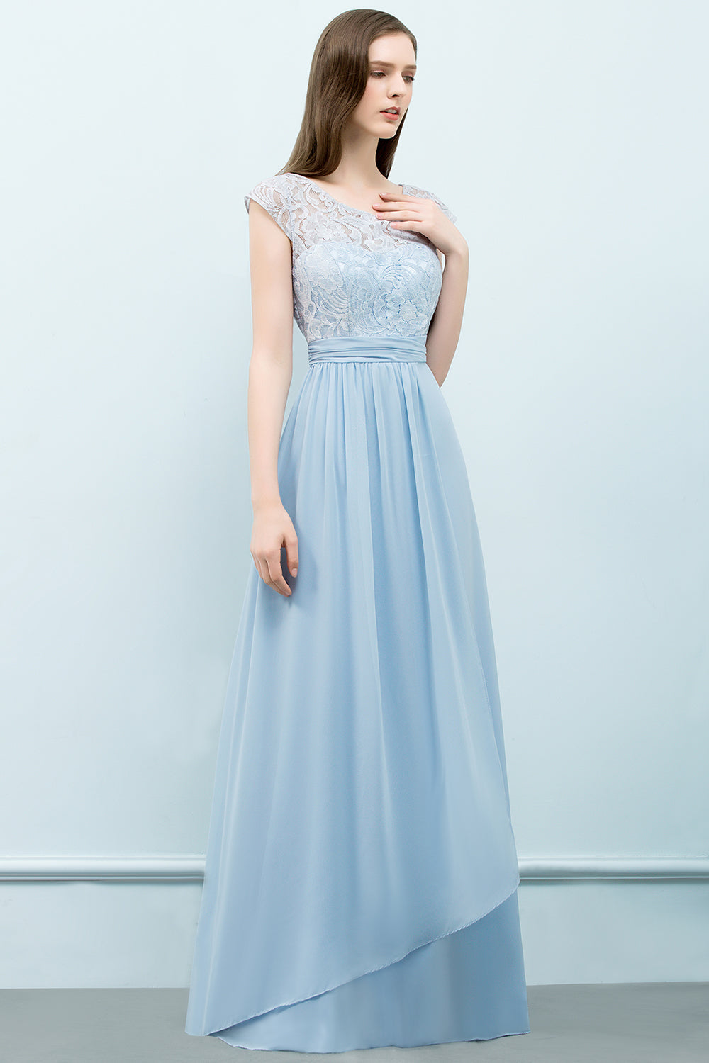 A-line Chiffon Lace Scoop Long Bridesmaid Dresses with Sleeves-BIZTUNNEL