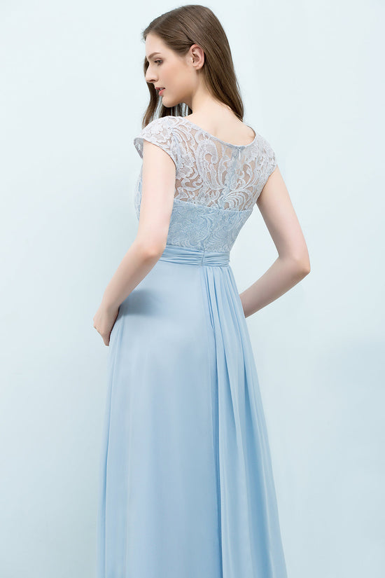 A-line Chiffon Lace Scoop Long Bridesmaid Dresses with Sleeves-BIZTUNNEL