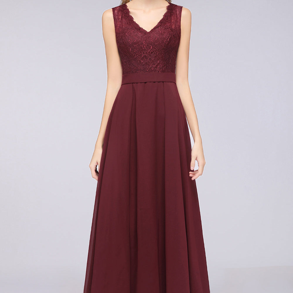 A-Line Chiffon Lace V-Neck Burgundy Long Bridesmaid Dress BIZTUNNEL A-Line Chiffon Lace V-Neck Burgundy Long Bridesmaid Dress BIZTUNNEL