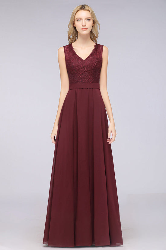 A-Line Chiffon Lace V-Neck Burgundy Long Bridesmaid Dress-BIZTUNNEL