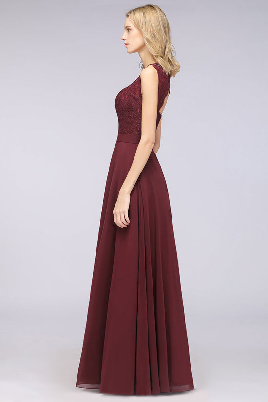 A-Line Chiffon Lace V-Neck Burgundy Long Bridesmaid Dress-BIZTUNNEL