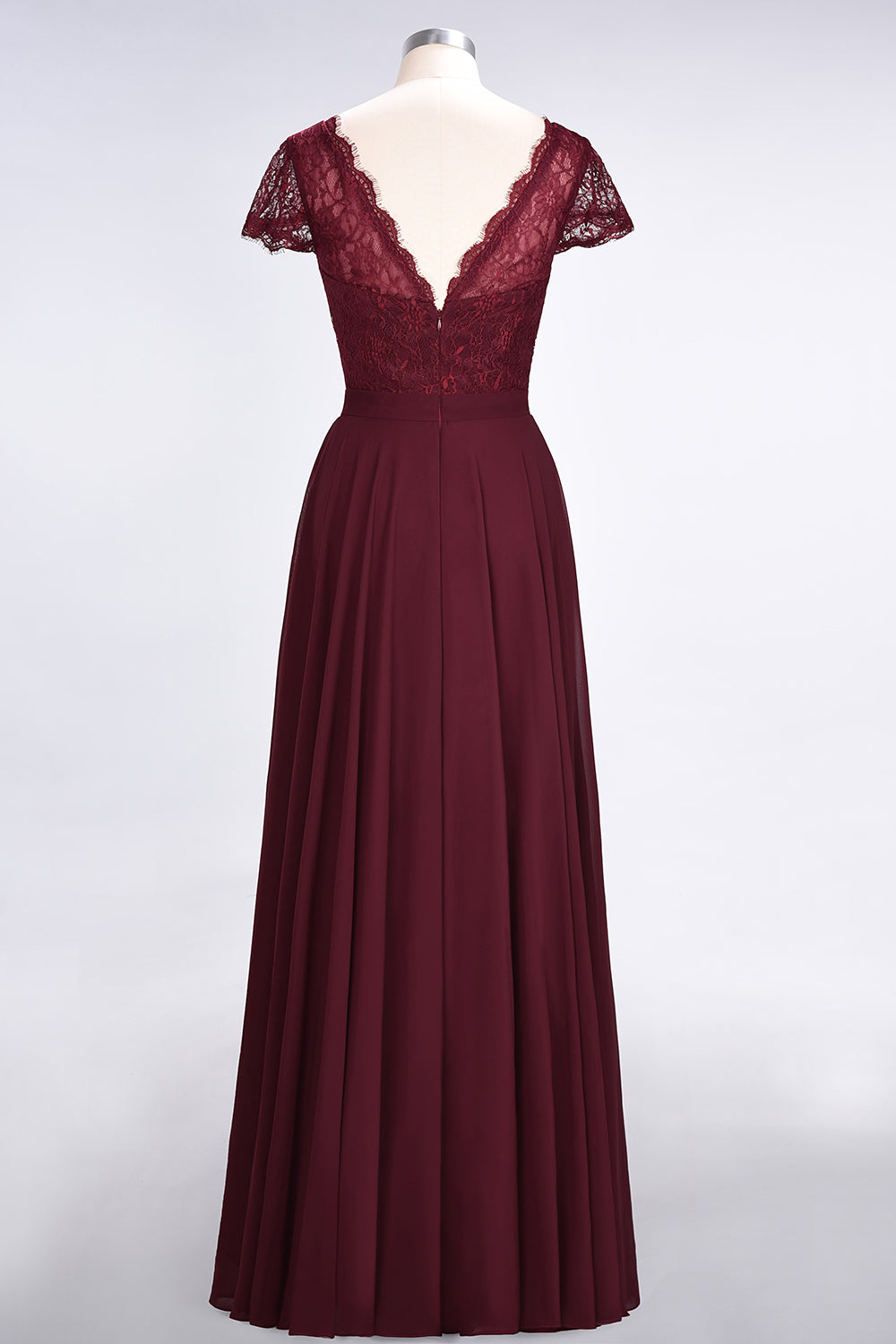 A-Line Chiffon Lace V-Neck Long Bridesmaid Dress with Sleeves-BIZTUNNEL