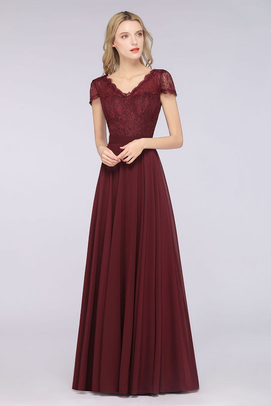 A-Line Chiffon Lace V-Neck Long Bridesmaid Dress with Sleeves-BIZTUNNEL