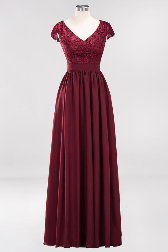 Load image into Gallery viewer, A-line Chiffon Lace V-Neck Sleeveless Long Bridesmaid Dresses with Ruffles-BIZTUNNEL
