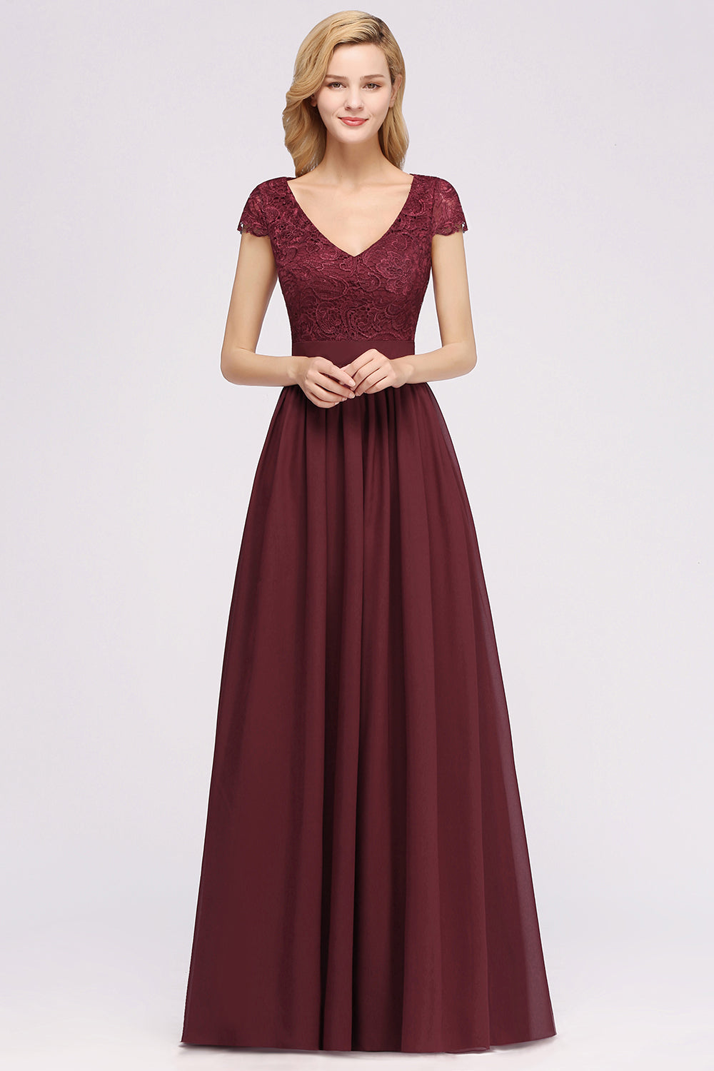 Load image into Gallery viewer, A-line Chiffon Lace V-Neck Sleeveless Long Bridesmaid Dresses with Ruffles-BIZTUNNEL
