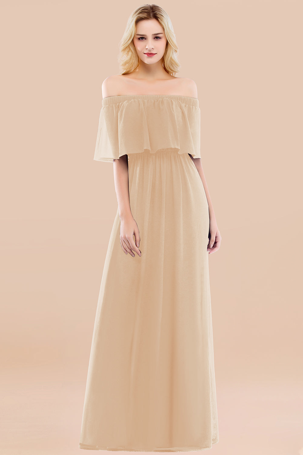 Load image into Gallery viewer, A-line Chiffon Off the Shoulder Ruffles Long Bridesmaid Dress with Sleeves-BIZTUNNEL
