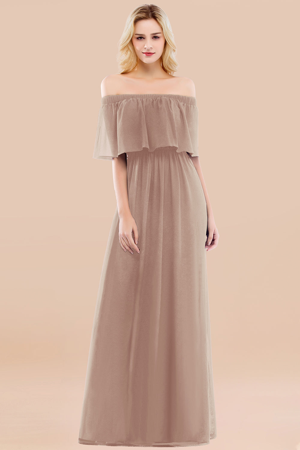A-line Chiffon Off the Shoulder Ruffles Long Bridesmaid Dress with Sleeves A-line Chiffon Off the Shoulder Ruffles Long Bridesmaid Dress with Sleeves