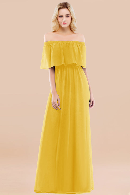 Load image into Gallery viewer, A-line Chiffon Off the Shoulder Ruffles Long Bridesmaid Dress with Sleeves-BIZTUNNEL
