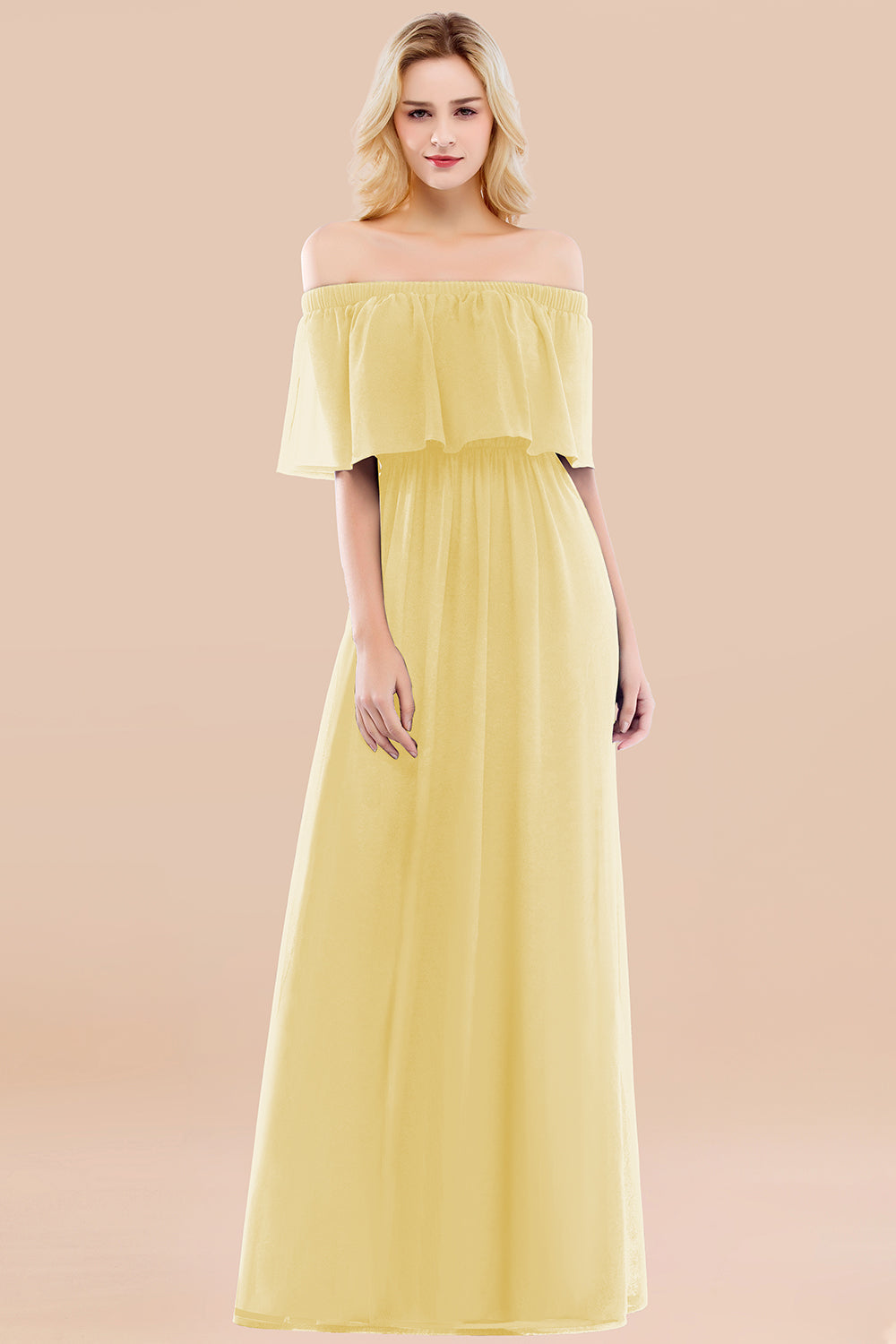 A-line Chiffon Off the Shoulder Ruffles Long Bridesmaid Dress with Sle BIZTUNNEL A-line Chiffon Off the Shoulder Ruffles Long Bridesmaid Dress with Sle BIZTUNNEL
