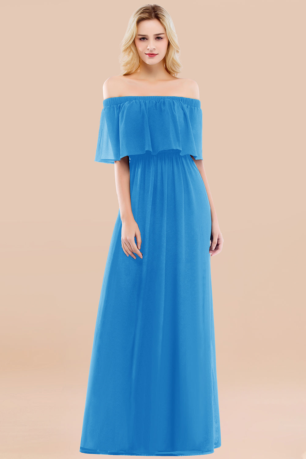 A-Line Chiffon Off The Shoulder Ruffles Long Bridesmaid Dress with Sleeves A-Line Chiffon Off The Shoulder Ruffles Long Bridesmaid Dress with Sleeves