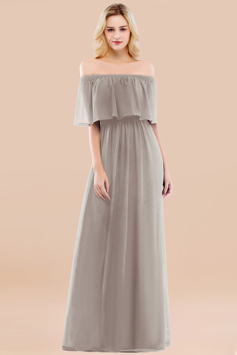 A-line Chiffon Off the Shoulder Ruffles Long Bridesmaid Dress with Sleeves A-line Chiffon Off the Shoulder Ruffles Long Bridesmaid Dress with Sleeves