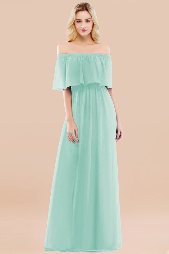 A-line Chiffon Off the Shoulder Ruffles Long Bridesmaid Dress with Sleeves-BIZTUNNEL