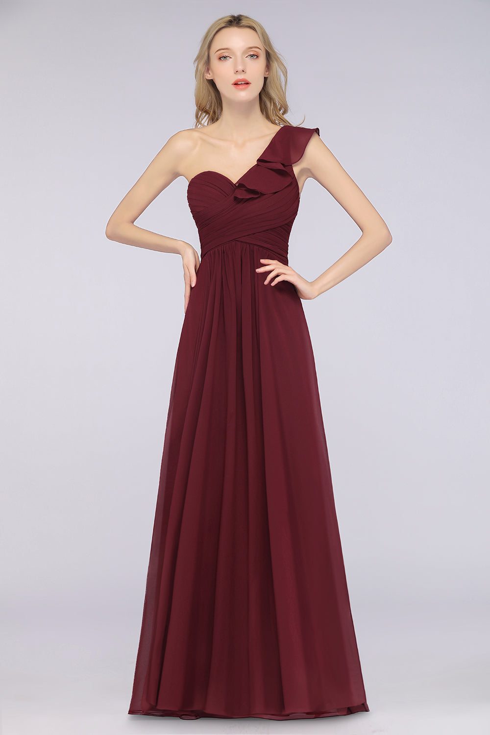 Load image into Gallery viewer, A-Line Chiffon One-Shoulder Sweetheart Long Bridesmaid Dress with Slit-BIZTUNNEL
