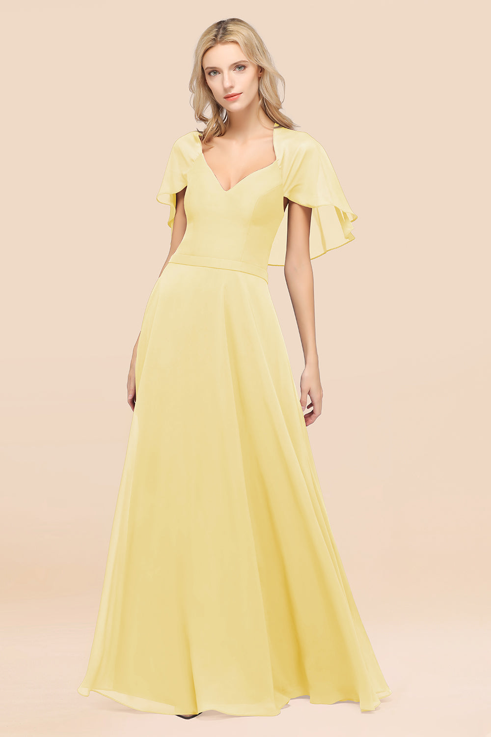 A-Line Chiffon Satin V-Neck Long Bridesmaid Dress with Short Sleeves A-Line Chiffon Satin V-Neck Long Bridesmaid Dress with Short Sleeves