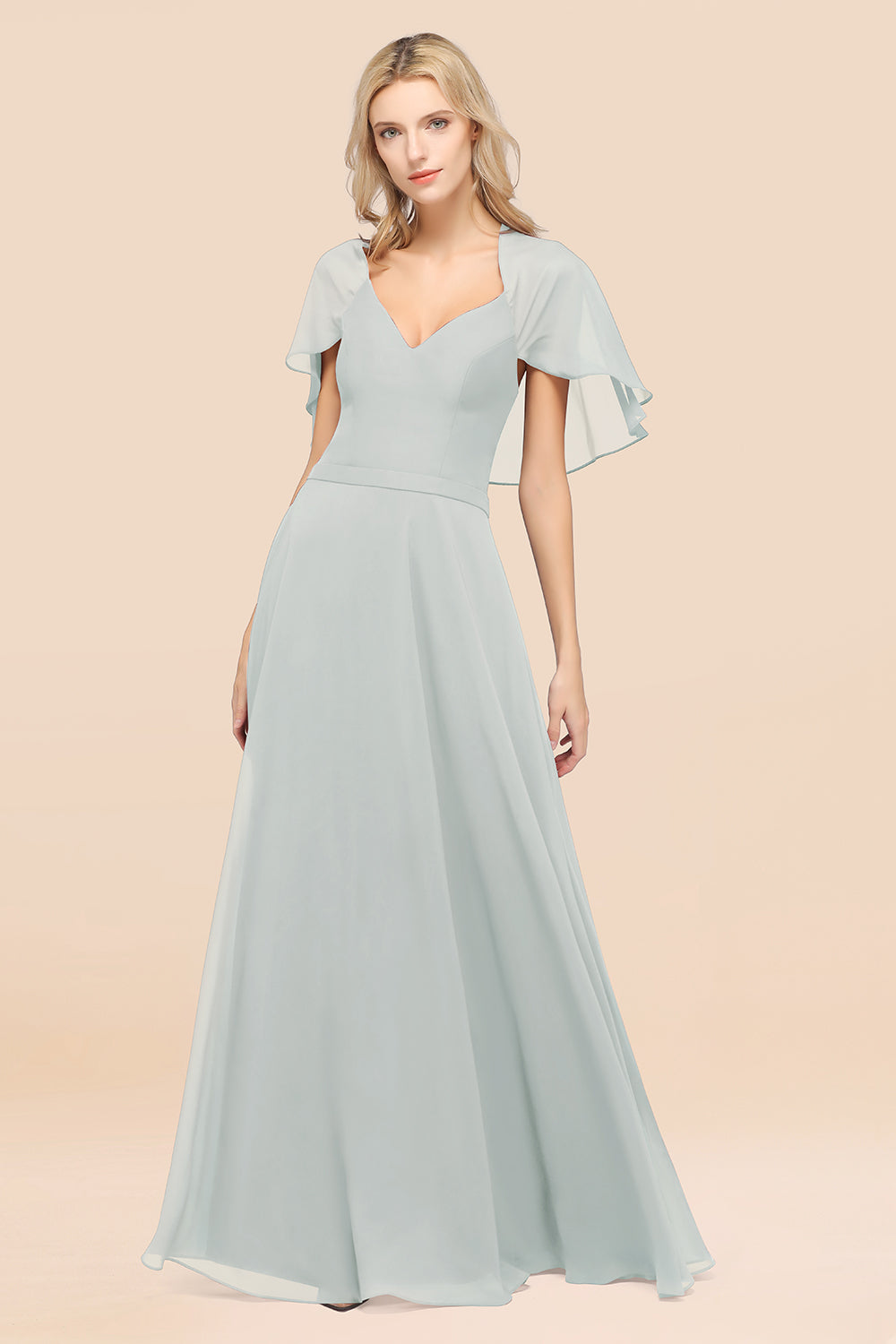 A-Line Chiffon Satin V-Neck Long Bridesmaid Dress with Short Sleeves A-Line Chiffon Satin V-Neck Long Bridesmaid Dress with Short Sleeves