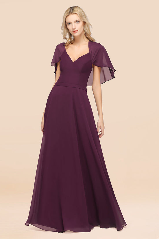 Load image into Gallery viewer, A-Line Chiffon Satin V-Neck Long Bridesmaid Dress with Sleeves-BIZTUNNEL
