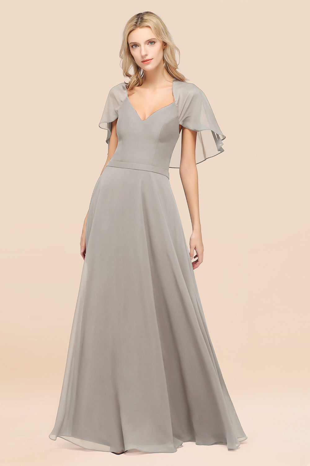 A-Line Chiffon Satin V-Neck Long Bridesmaid Dress with Sleeves-BIZTUNNEL