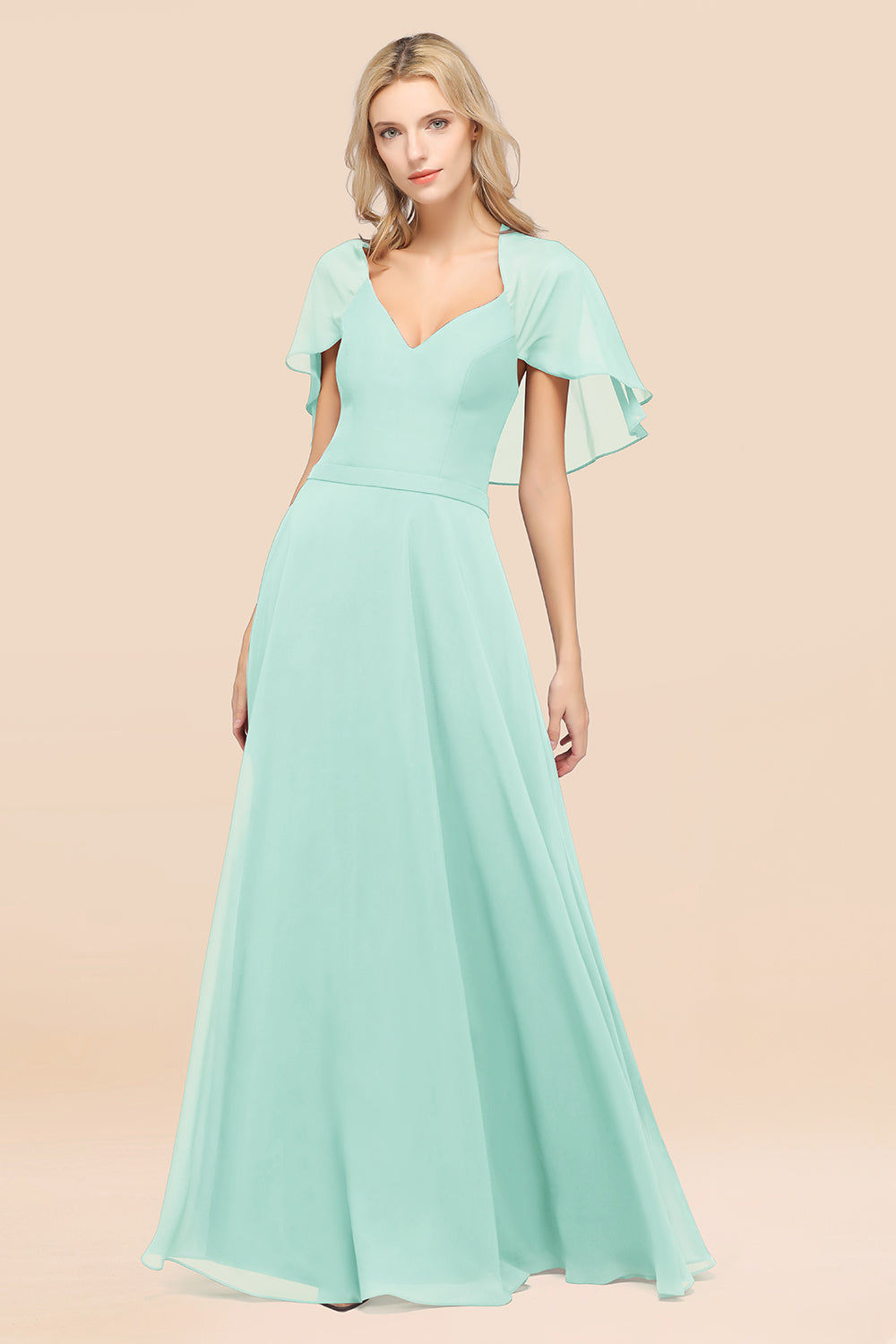 A-Line Chiffon Satin V-Neck Long Bridesmaid Dress with Sleeves-BIZTUNNEL