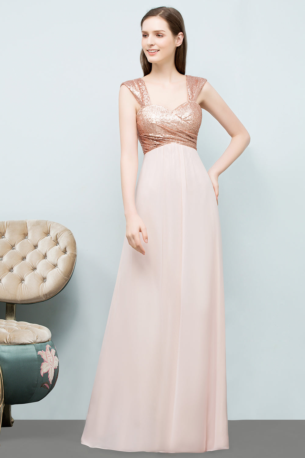 A-line Chiffon Sequins Straps Sweetheart Long Bridesmaid Dresses with Sleeves-BIZTUNNEL