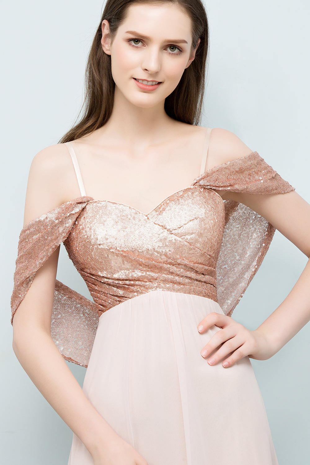 A-line Chiffon Sequins Straps Sweetheart Long Bridesmaid Dresses with Sleeves-BIZTUNNEL