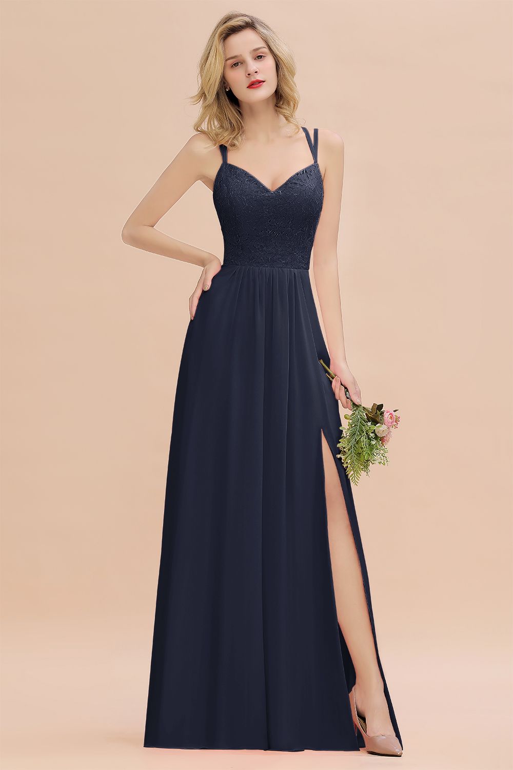 A-Line Chiffon Spaghetti Straps Sweetheart Long Bridesmaid Dress with