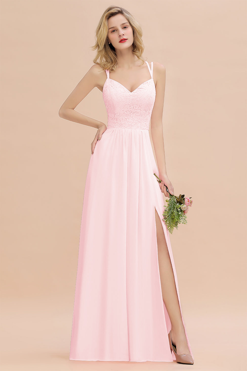 Spaghetti Strap Chiffon Bridesmaid Dress with Slit Coral