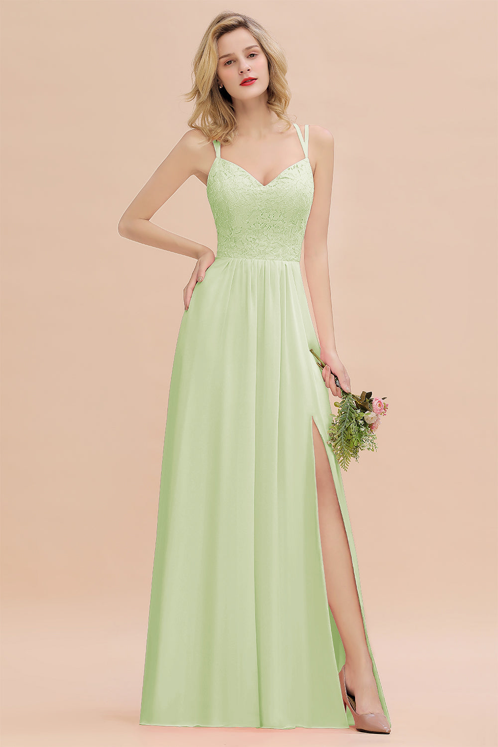 A-Line Chiffon Spaghetti Straps Sweetheart Long Bridesmaid Dress with
