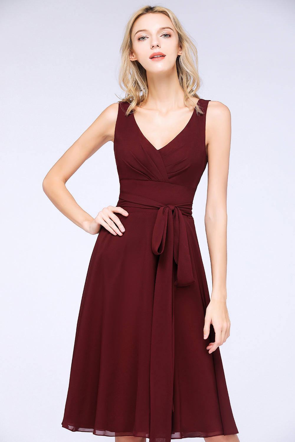 Load image into Gallery viewer, A-Line Chiffon Straps V-Neck Short Bridesmaid Dress with Bow Sash-BIZTUNNEL
