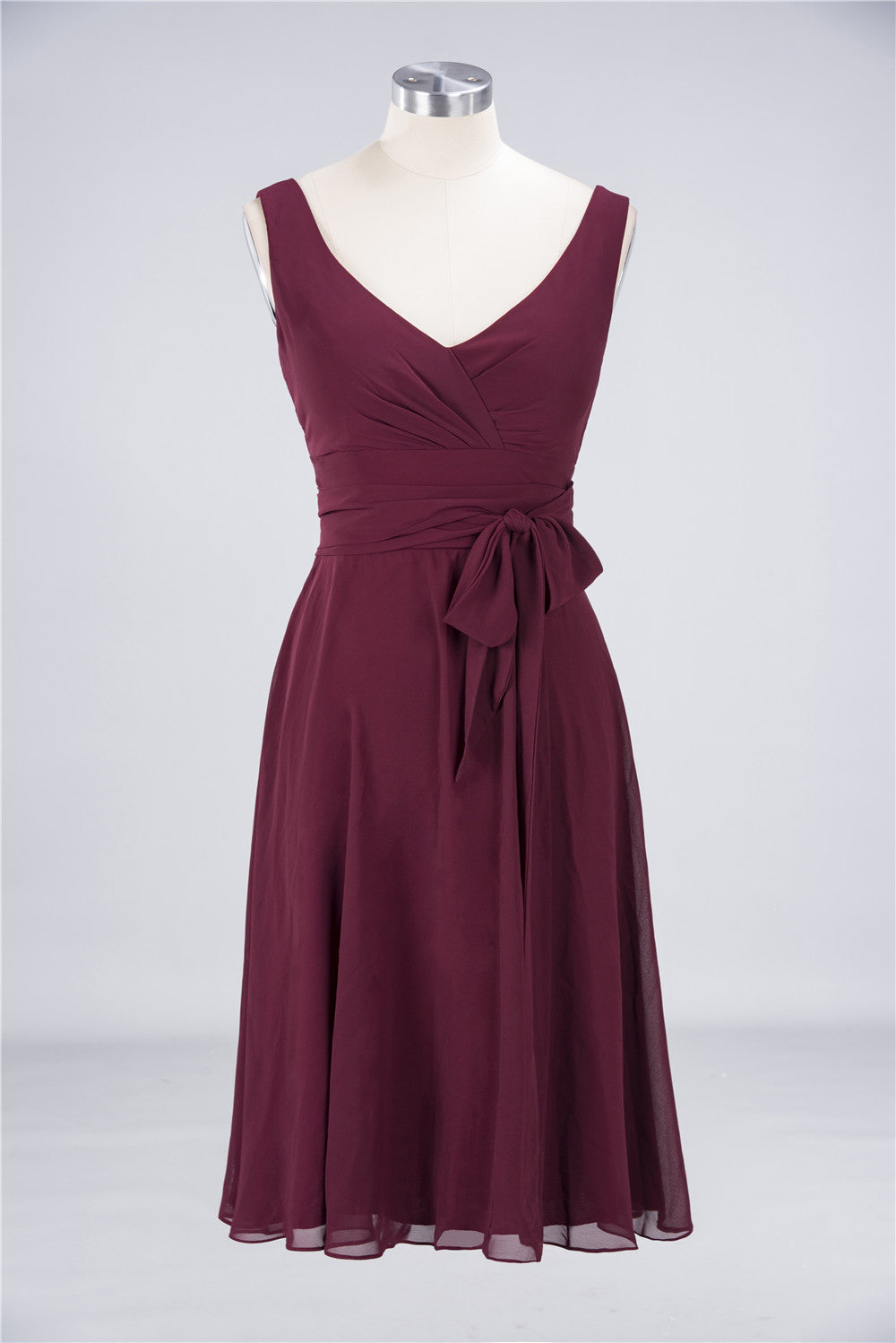 Load image into Gallery viewer, A-Line Chiffon Straps V-Neck Short Bridesmaid Dress with Bow Sash-BIZTUNNEL
