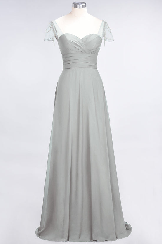A-Line Chiffon Sweetheart Ruffle Long Bridesmaid Dress with Beadings-BIZTUNNEL