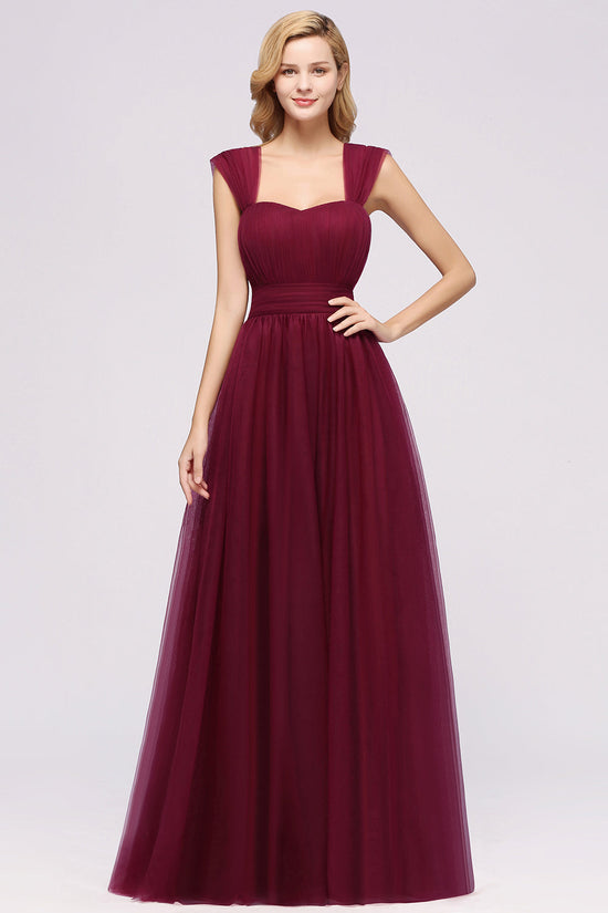 A-Line Chiffon Sweetheart Straps Sleeves Long Bridesmaid Dresses with Ruffles-BIZTUNNEL