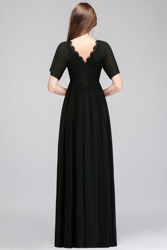 A-line Chiffon V-Neck Long Backless Bridesmaid Dresses with Sleeves-BIZTUNNEL