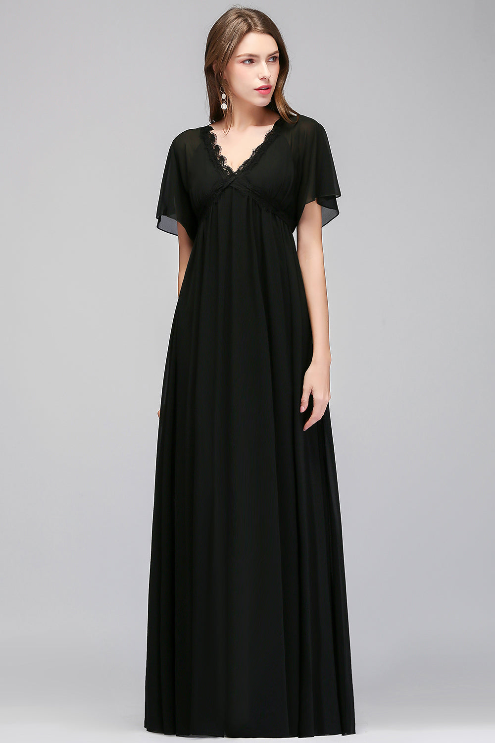 Carregar imagem no visualizador da galeria, A-line Chiffon V-Neck Long Backless Bridesmaid Dresses with Sleeves-BIZTUNNEL
