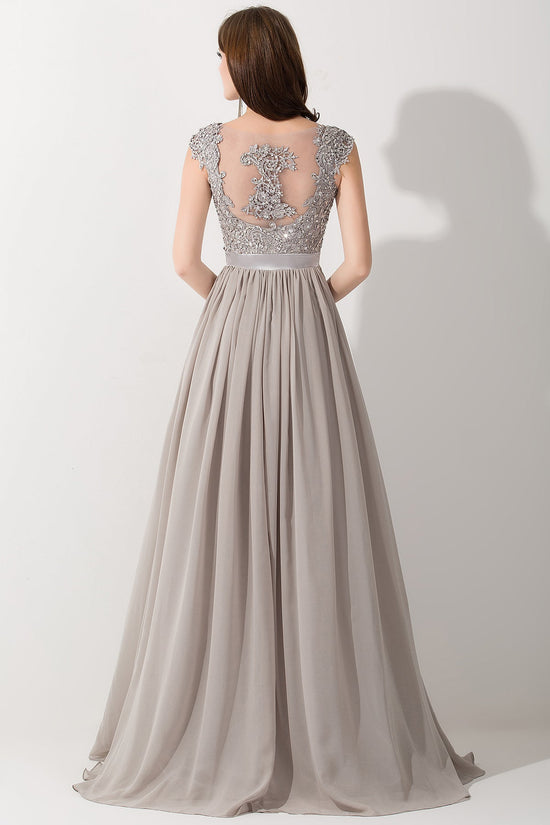A-line Chiffon V-Neck Sleeveless Long Bridesmaid Dress with Appliques-BIZTUNNEL