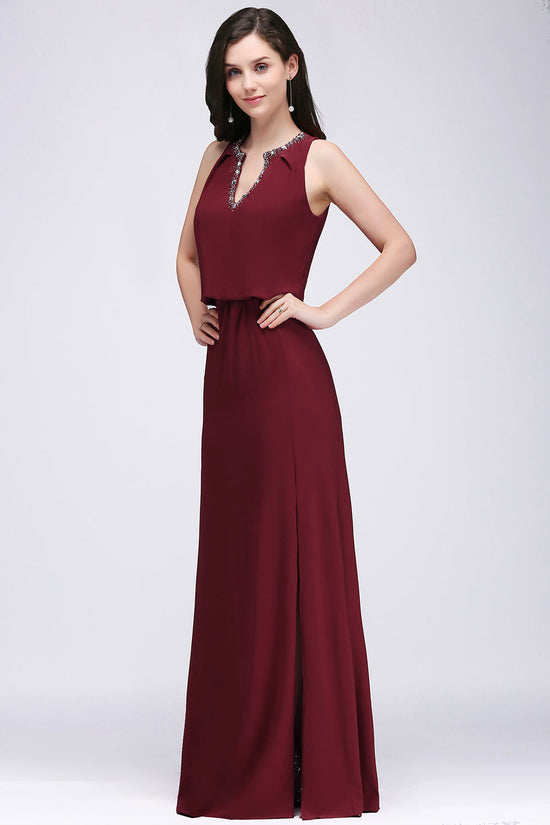 Simple V-neck Chiffon Side Slit Cheap Long Bridesmaid Dresses Online,RBWG0044