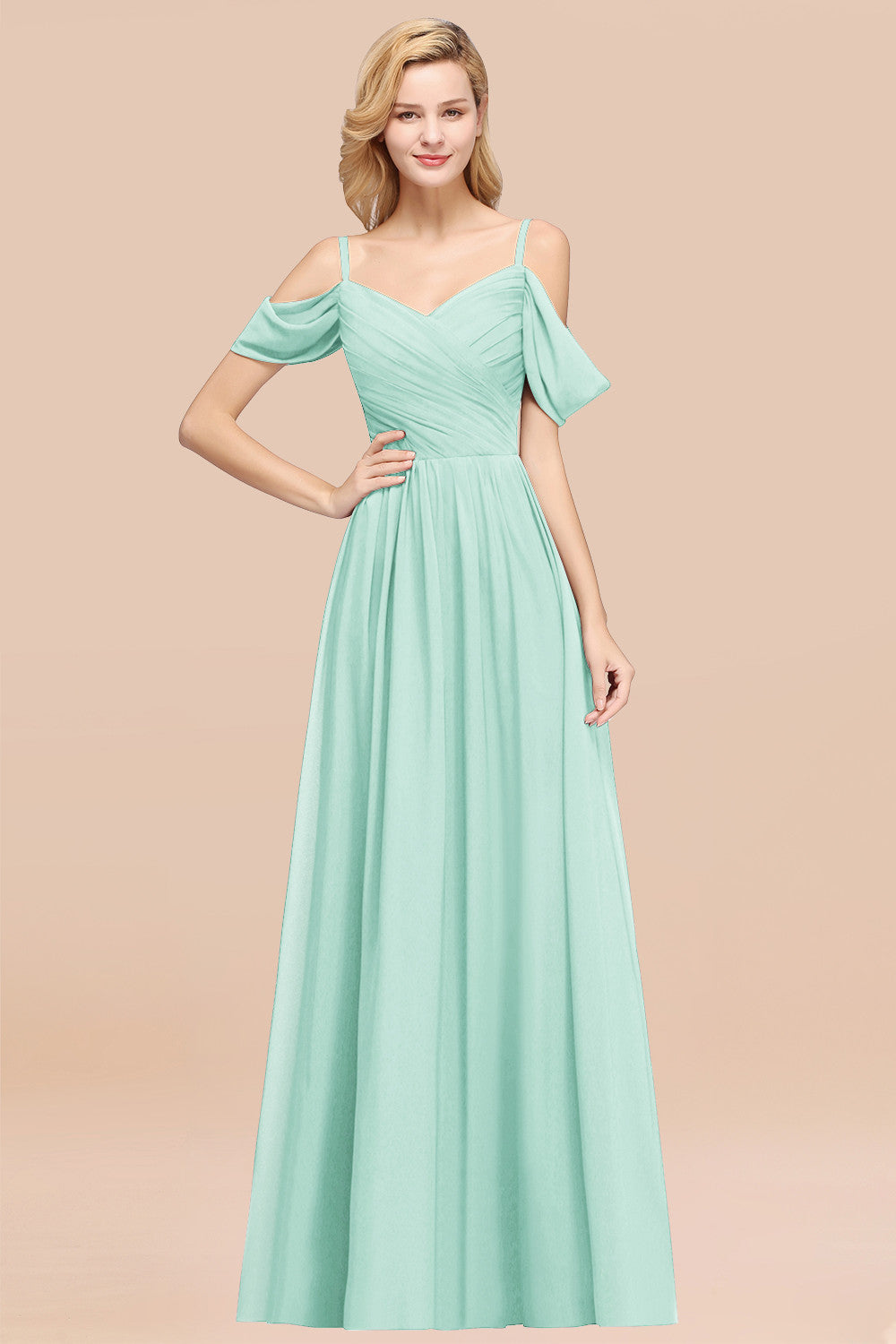 Load image into Gallery viewer, A-Line Chiffon V-Neck Spaghetti Straps Ruffles Long Bridesmaid Dresses with Sleeves-BIZTUNNEL
