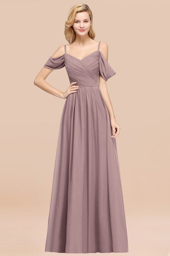 Load image into Gallery viewer, A-Line Chiffon V-Neck Spaghetti Straps Ruffles Long Bridesmaid Dresses with Sleeves-BIZTUNNEL
