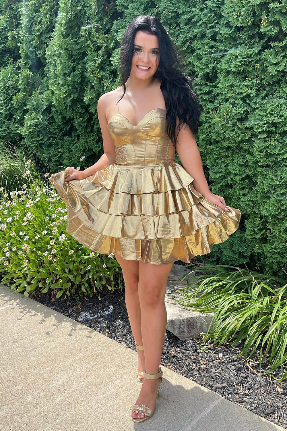 A Line Golden Sweetheart Corset Short Homecoming Dress With Ruffles BIZTUNNEL A Line Golden Sweetheart Corset Short Homecoming Dress With Ruffles BIZTUNNEL