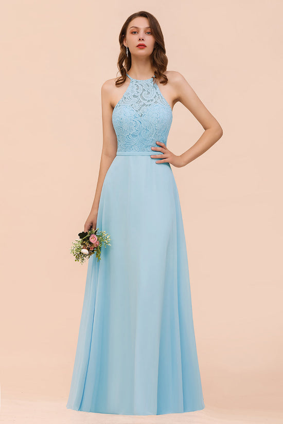 A-Line Halter Appliques Chiffon Long Bridesmaid Dress Sky Blue Party Dress-BIZTUNNEL