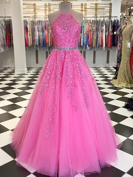 A-line Halter Long Lace Tulle Prom Dresses with Belt Formal Evening Gowns-BIZTUNNEL