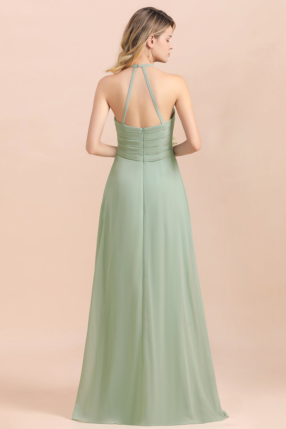 Load image into Gallery viewer, A-Line Halter Sweetheart Chiffon Sage Bridesmaid Dress Chic Long Wedding Guest Dress-BIZTUNNEL
